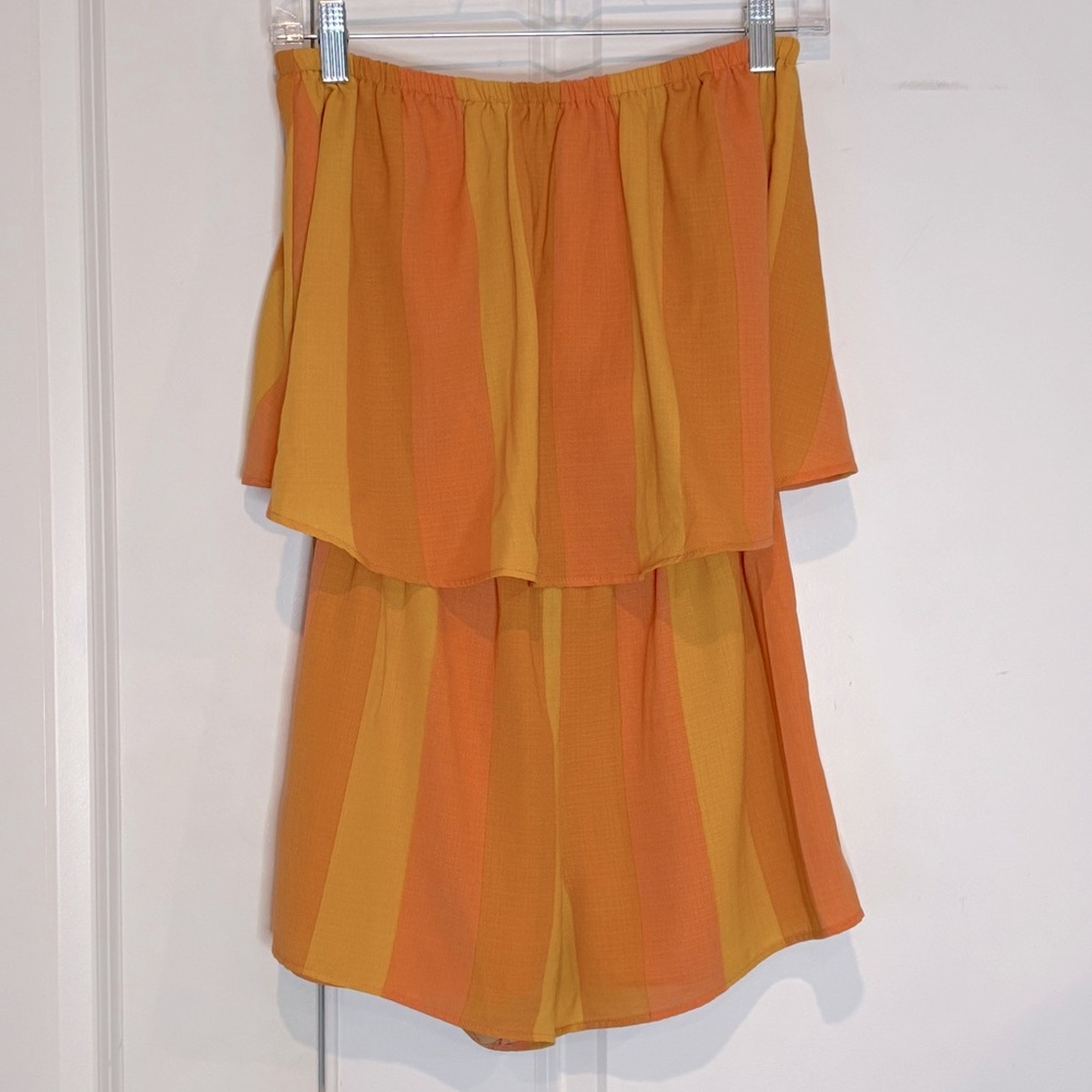 Show Me Your Mumu Thelma Strapless Layered Stripe Orange Yellow Romper S